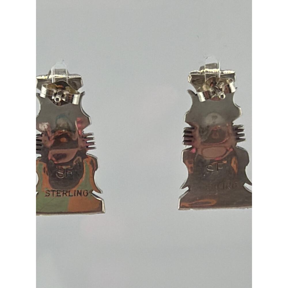 Vintage Navajo Inlay Sterling Silver Steve Francisco Kingman Turquoise Earrings - Picture 3 of 5